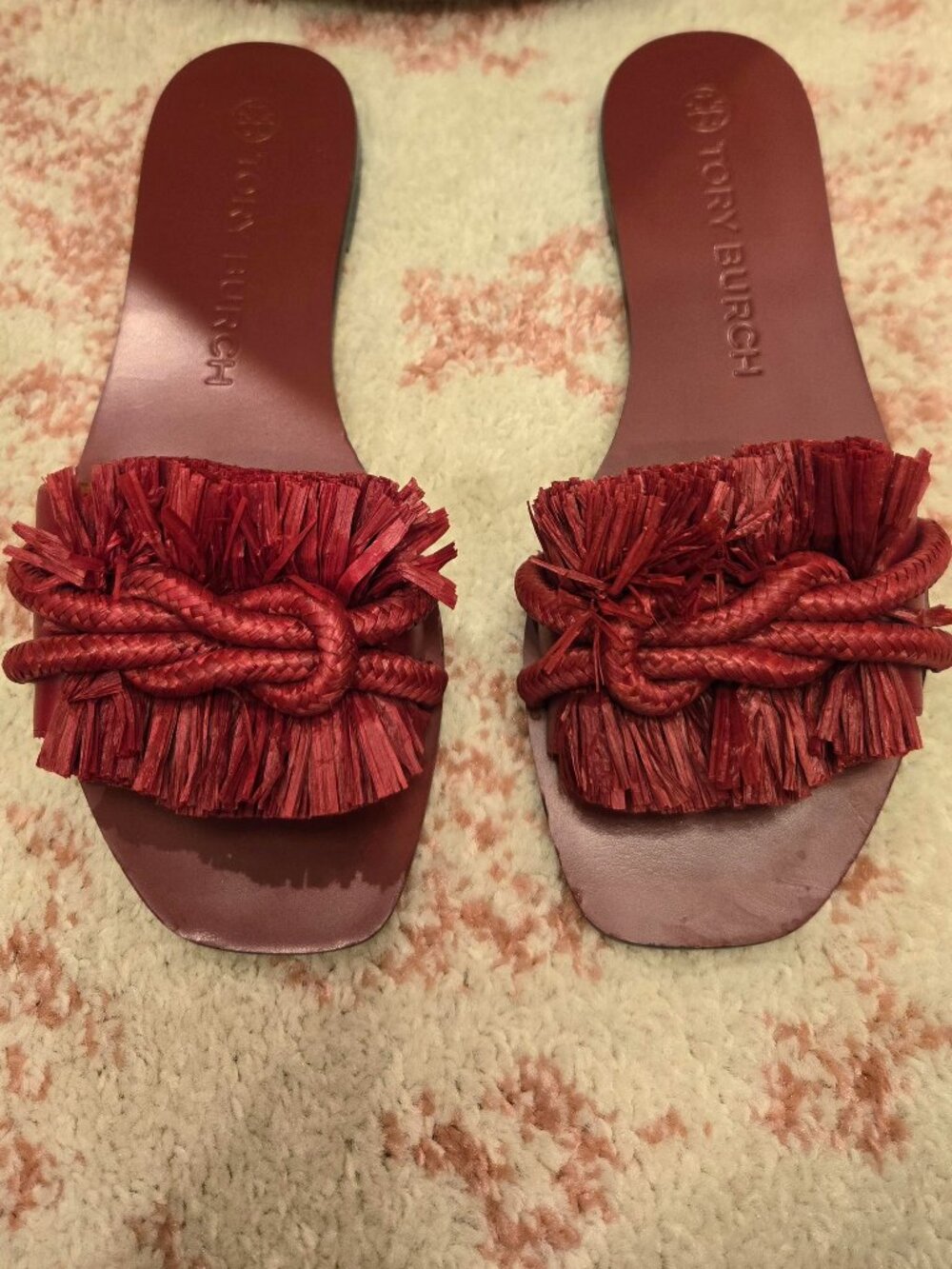 Tory Burch Red Raffia Fringe Rope Flat Open Leather Sandal - Size 8